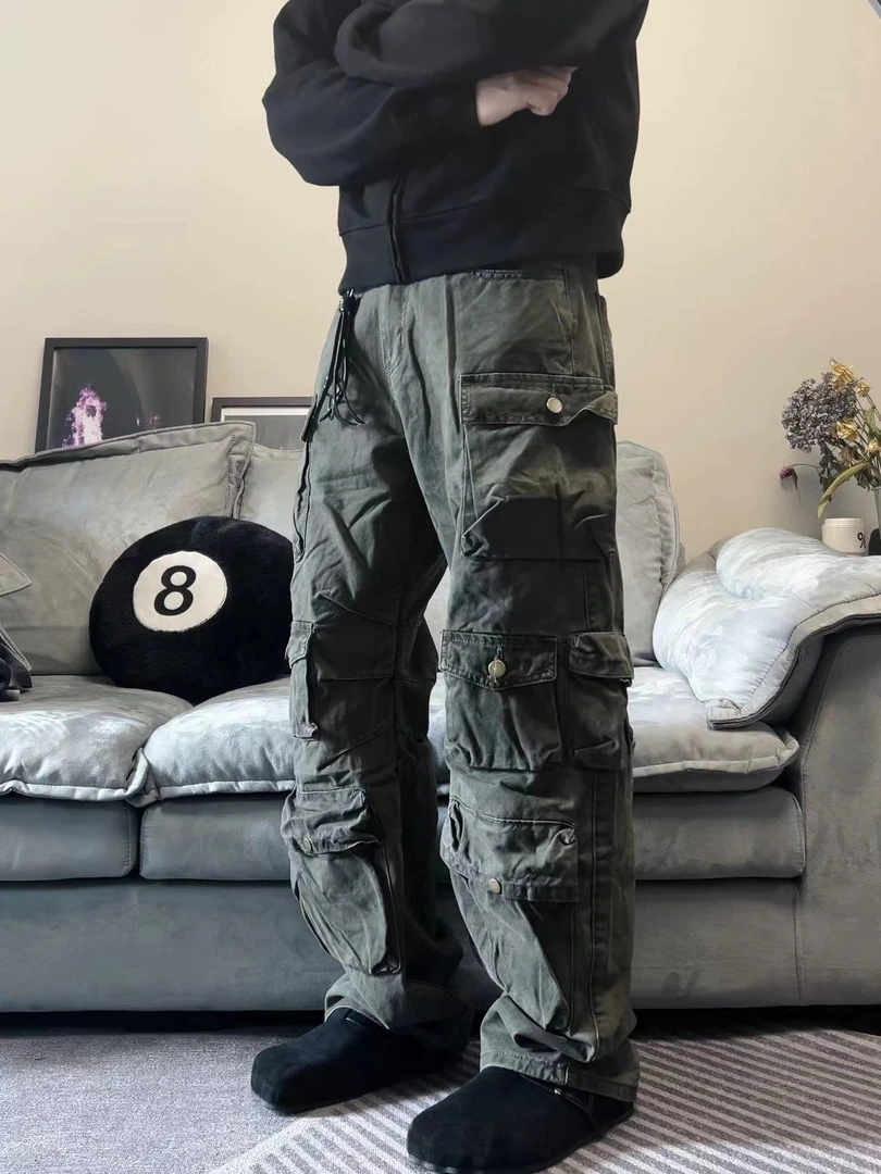 BINXLAN【多口袋】cleanfit大口袋纽扣直筒宽松美式工装裤男牛仔裤