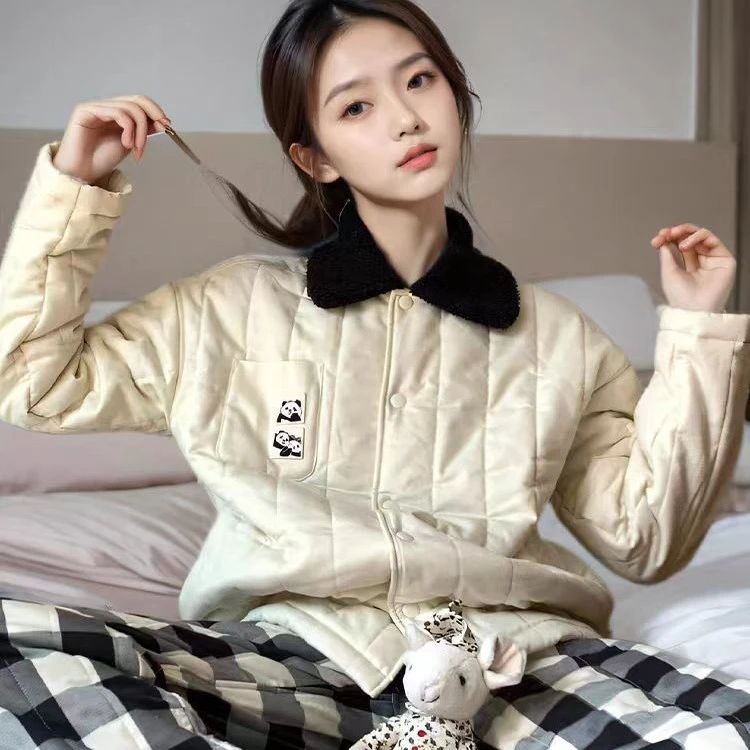 【兽家格子熊猫-三层夹棉】男女同款冬季棉质可外穿宽松保暖家居服