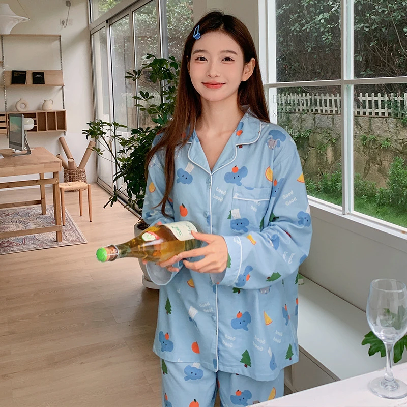 【蓝色GODD大象】长袖长裤春夏新款小清晰纯棉睡衣女士家居服外穿