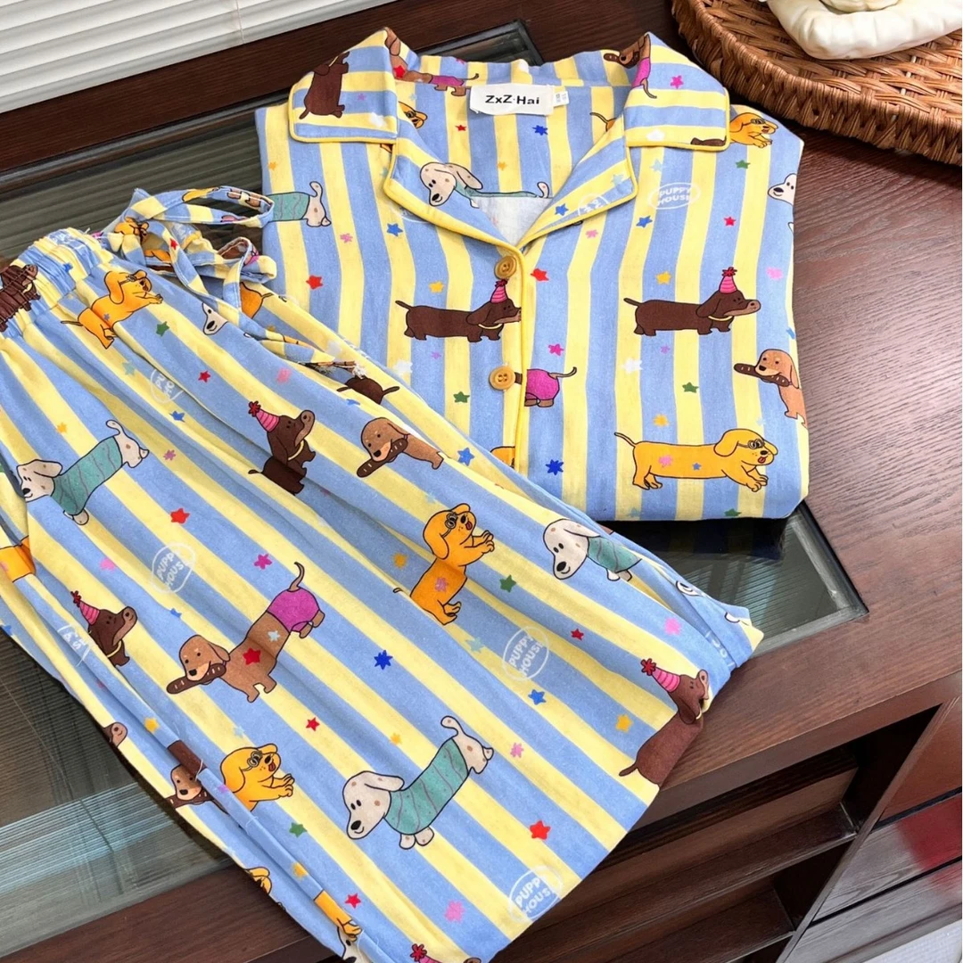 【条纹腊肠狗】长袖长裤春夏新款小清晰纯棉睡衣女士家居服外穿