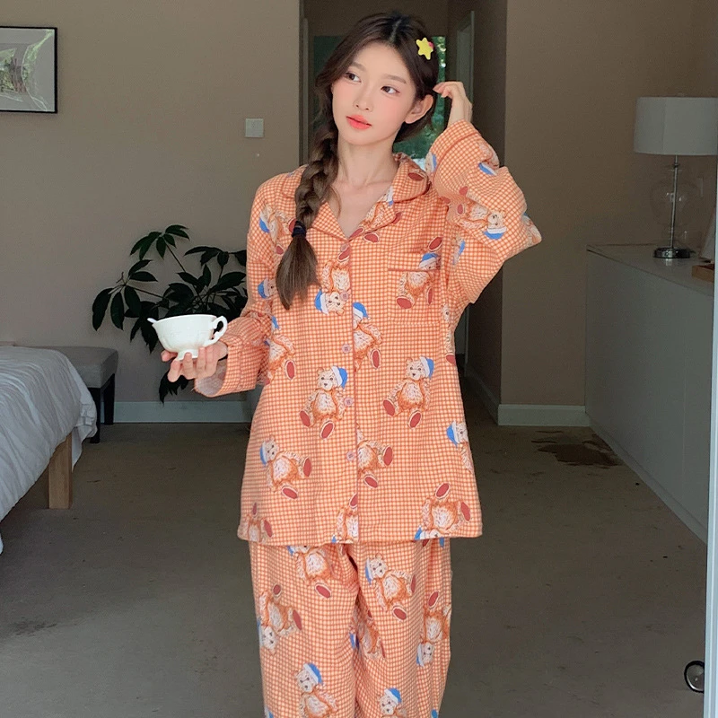 【橙色泰迪熊】长袖长裤春夏新款小清晰纯棉睡衣女士家居服外穿