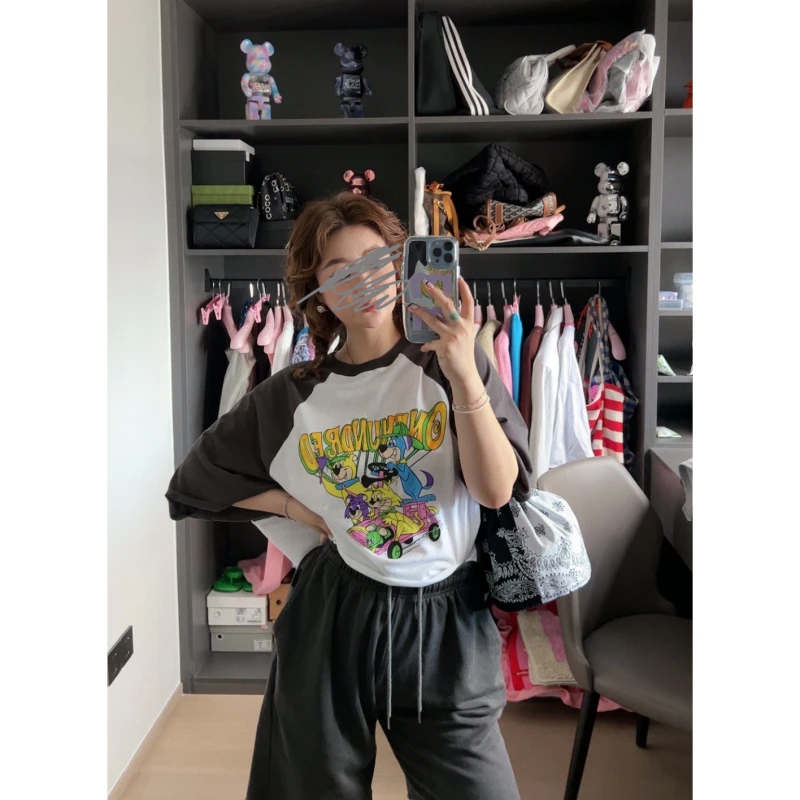 【M家STUDIO】前短后长灰拼白印花T恤女