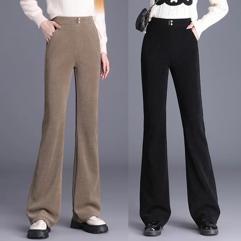 雪尼尔阔腿裤女2025秋冬季加厚新款松紧高腰欧棉绒休闲微喇裤长裤