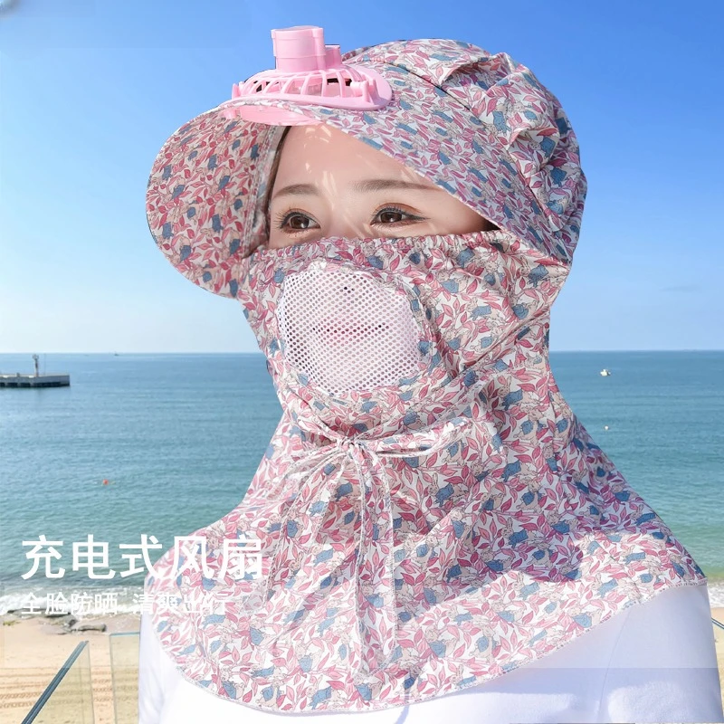 夏季充电带风扇采茶帽女士干农活遮阳帽可折叠户外全脸防晒太阳帽
