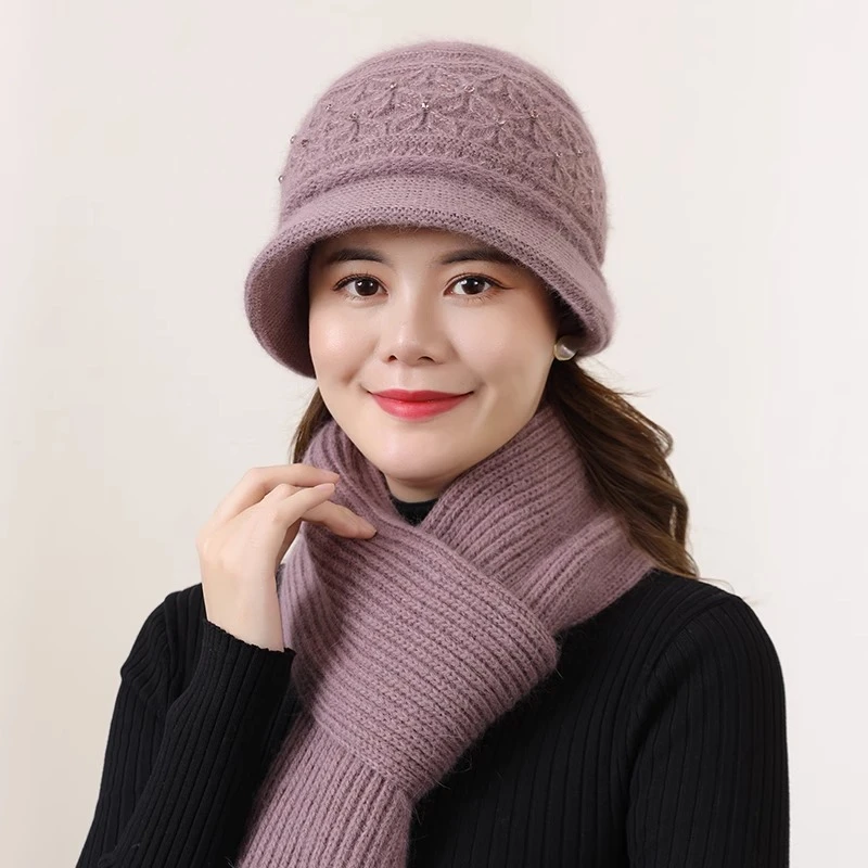 冬季中老年人帽子女奶奶兔毛线针织妈妈帽加绒加厚保暖老太太棉帽