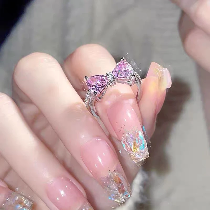 铜合金戒指 【新人福利】 粉色蝴蝶结开口戒指女法式可调节尾戒2320