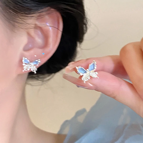 铜合金仿珍珠耳饰 梅姐饰品2842 超仙蓝色蝴蝶耳环女甜美气质耳饰