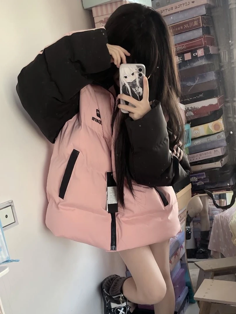 复古国潮ins条纹拼接棉服外套女冬季新款宽松加厚防风休闲面包服