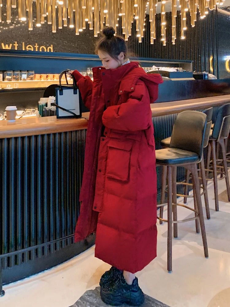 特大码300斤红色羽绒服服棉长款过膝冬装宽松加棉加厚羽/非半身裙