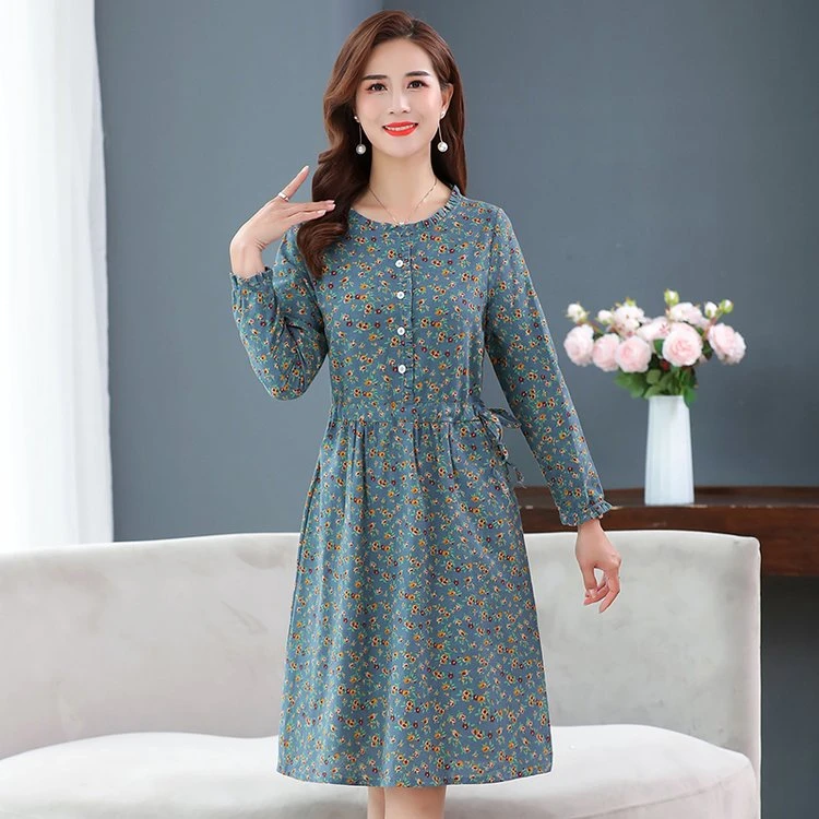 棉麻长袖连衣裙40-50岁中老年女装长裙春秋季妈妈装收腰过膝裙子