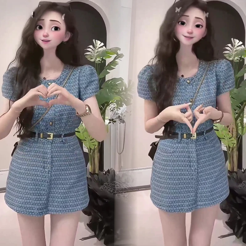法式小香风2024夏季新款烟雾灰蓝炸街时尚港风牛仔上衣短裤两件套