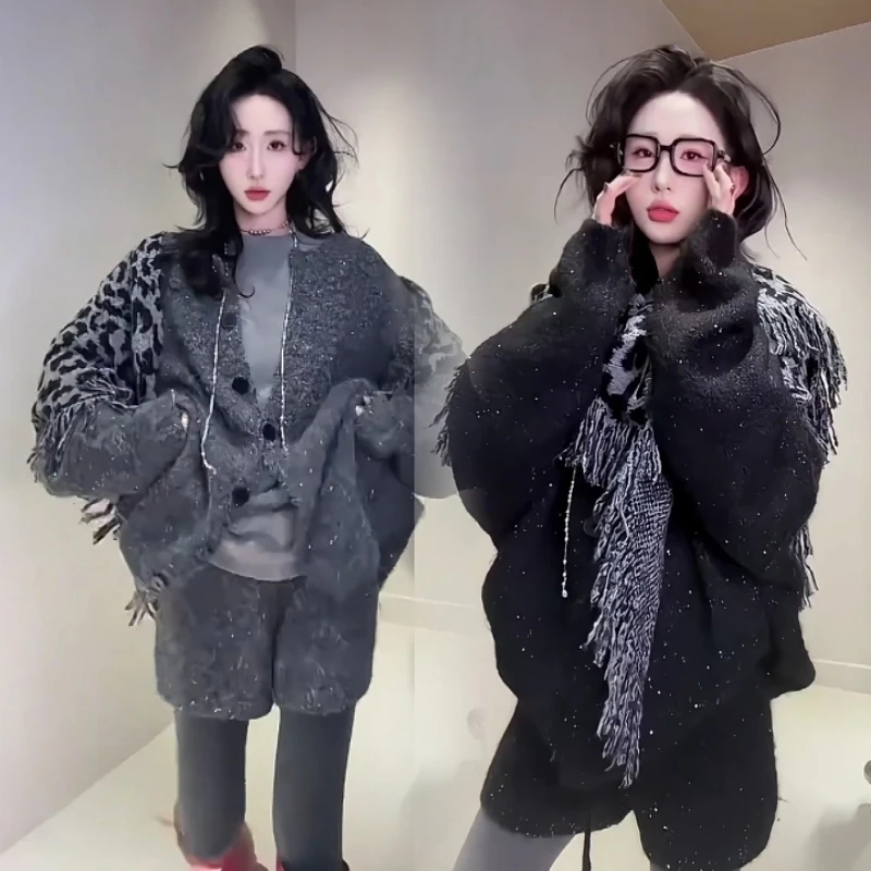 新款网红时尚百搭宽松休闲闪闪毛衣开衫+高腰显瘦短裤两件套装女