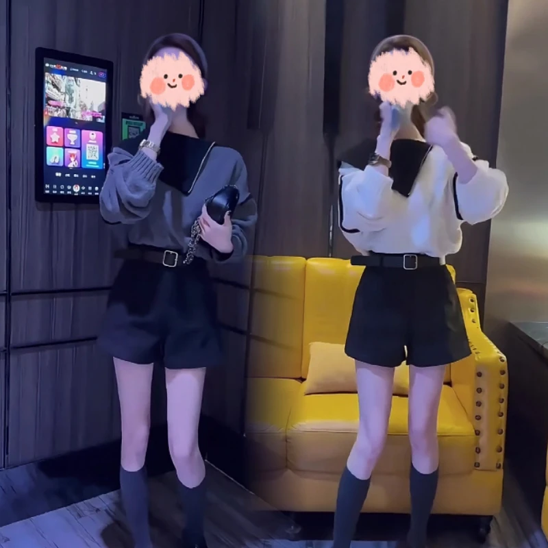 减龄新款拼色不规则拉链设计撞色大翻领露肩针织上衣显瘦直筒短裤