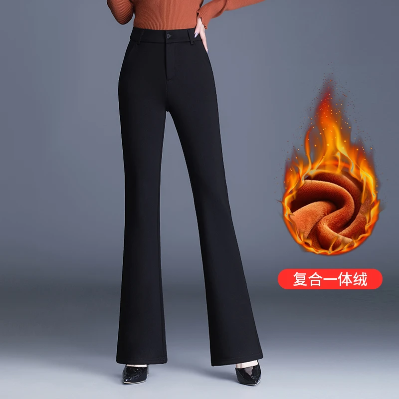 新款高腰微喇叭裤女2024冬季加绒加厚大码弹力显瘦高个子休闲长裤