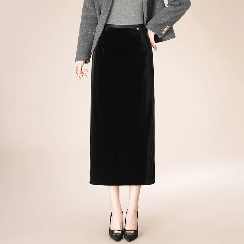 金丝绒通勤直筒半身裙女秋冬2024新款高腰包臀裙中长款开叉一步裙