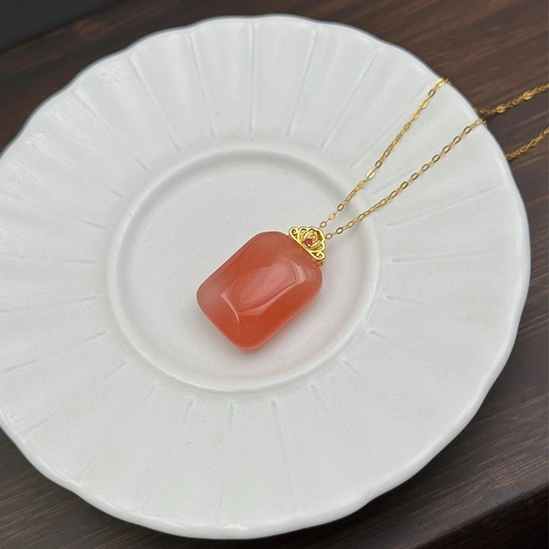 盐源玛瑙无事牌吊坠s925镶嵌银时尚简约气质款平安无事橘红色百搭