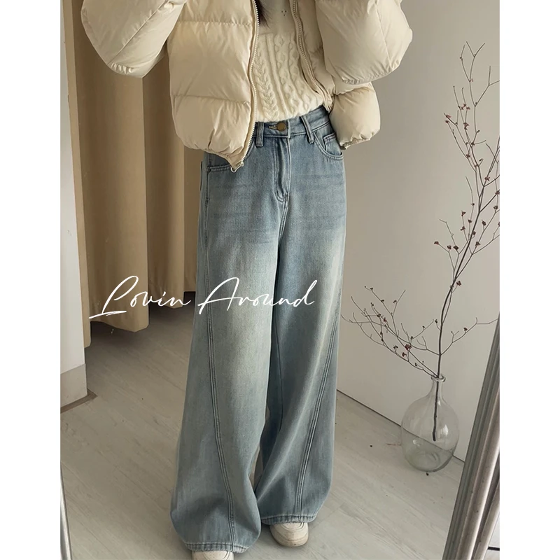 万万`加绒加厚牛仔裤女宽松显瘦直筒阔腿裤长裤拖地裤秋冬