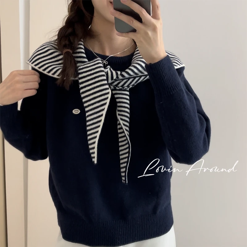 万万`藏青色圆领毛衣女宽松显瘦百搭韩系毛针织衫长袖