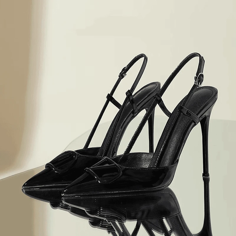 B213V夏季性感漆皮V扣黑色高跟鞋女后袢带一字带尖头包头后空