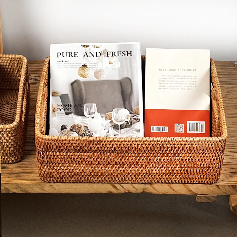 藤编篮子提手收纳筐39*29*13cm置物简约日式玄关客厅真藤收纳筐