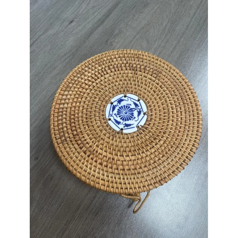 043青花瓷复古藤编平头两饼装饰客厅茶饼收纳盒尺寸：22*7cm家用