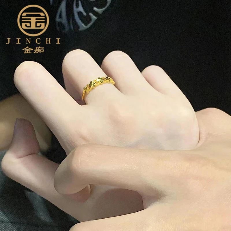 999足金四叶草黄金戒指女款幸运素圈指环520情人节送女友礼物