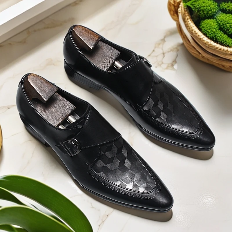 时尚英伦商务头层牛皮正装皮鞋男尖头搭扣孟克鞋亮面休闲真皮男鞋