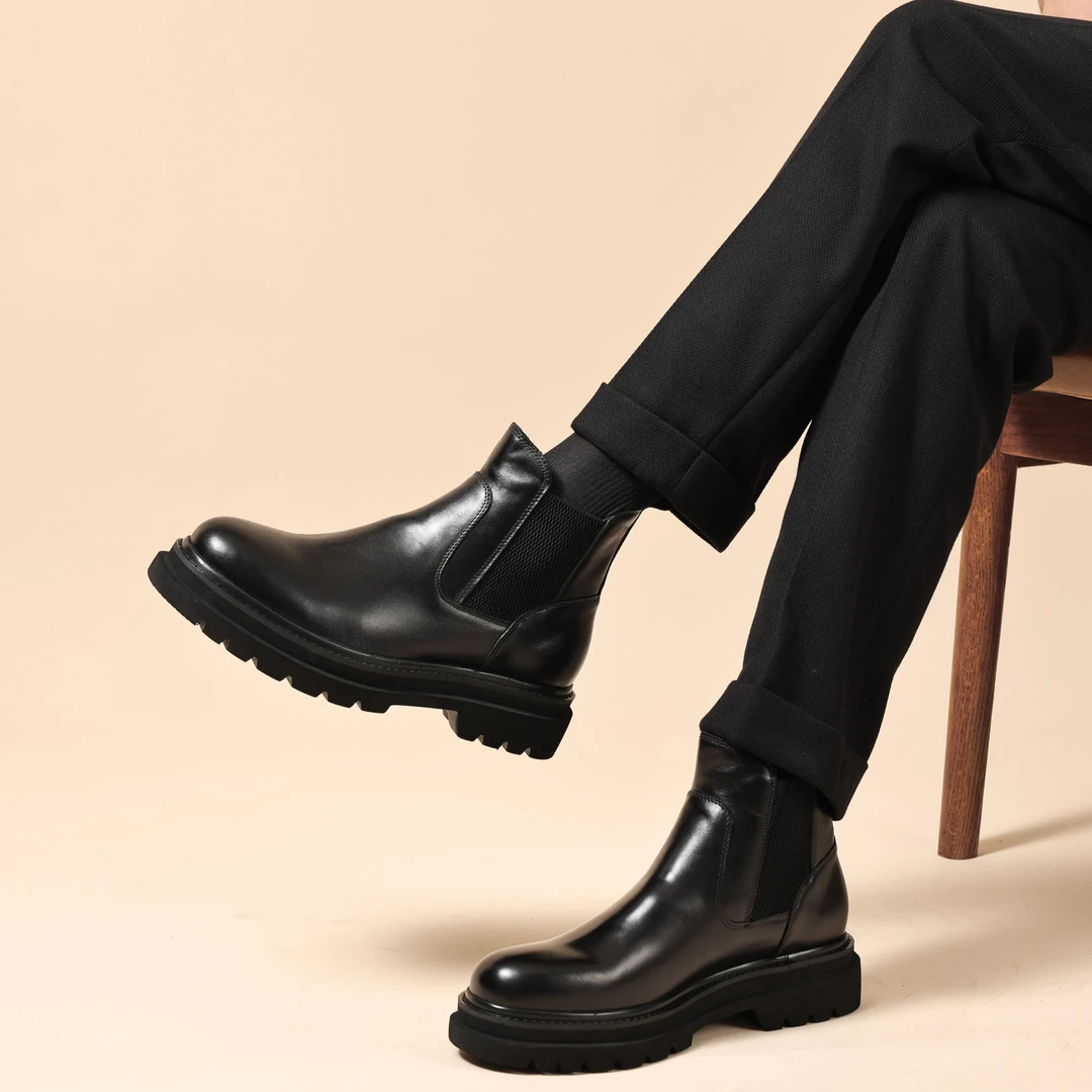 新款复古头层牛皮时尚男靴厚底真皮商务休闲潮流英伦风切尔西靴