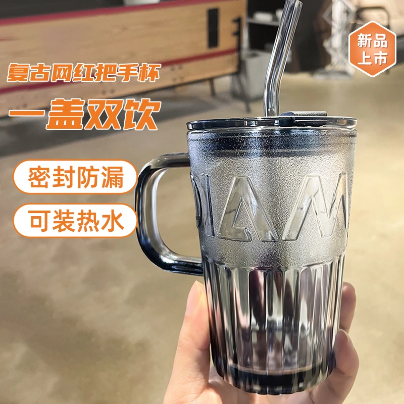 大容量复古玻璃杯喝水杯吸管杯耐热茶杯密封把手杯吸管水杯防漏女