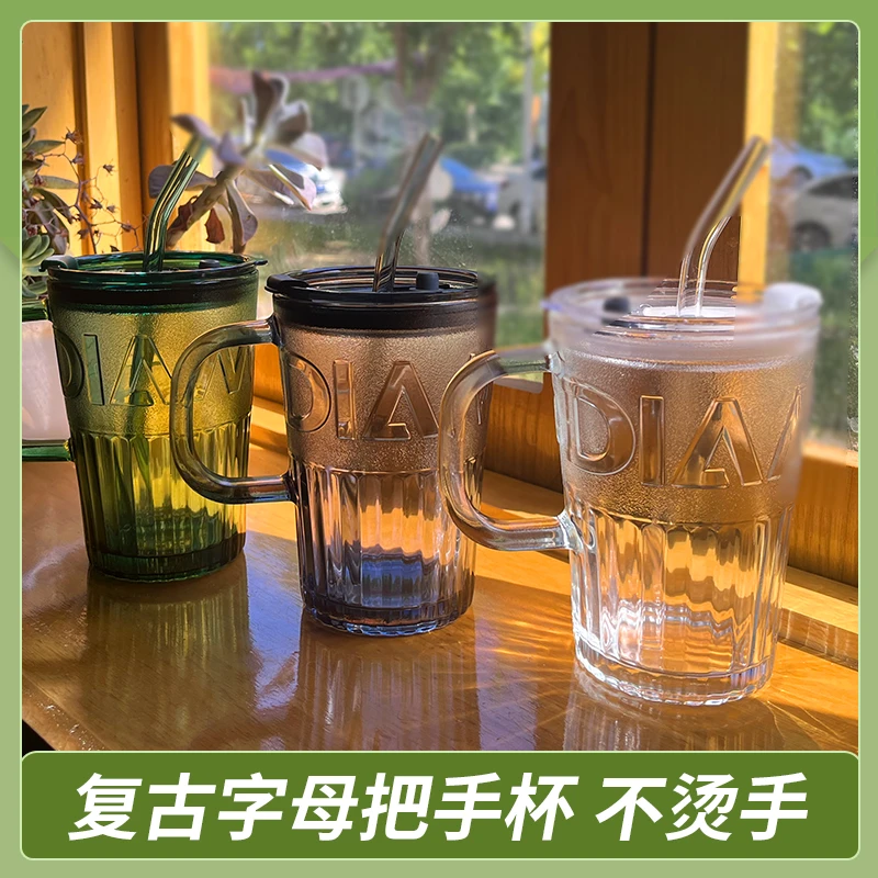 复古字母把手大容量水杯带盖吸管杯子情侣咖啡杯办公室防烫喝水杯
