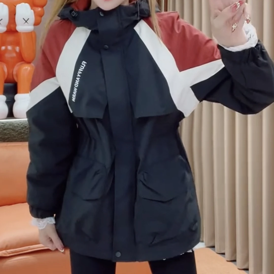 2024款收腰连帽拼接撞色棉衣外套