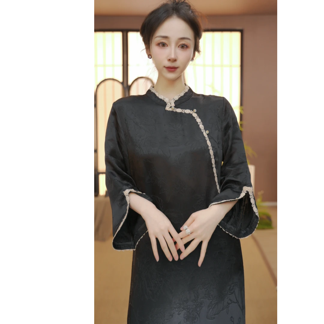 （夜来香）黑色绣花连衣裙中式斜襟春夏季女装宽松连衣裙 FS2411401