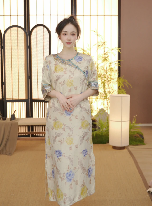 （蝶恋花）中式连衣裙改良中式斜襟春夏季女装宽松连衣裙 FS2411409