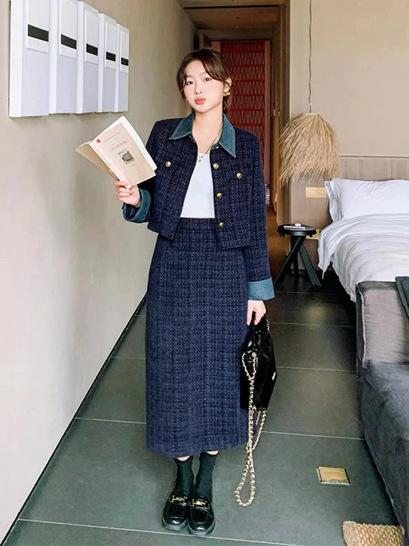 2024秋冬新款小香风套装复古气质百搭洋气上衣时尚半身裙女#A043