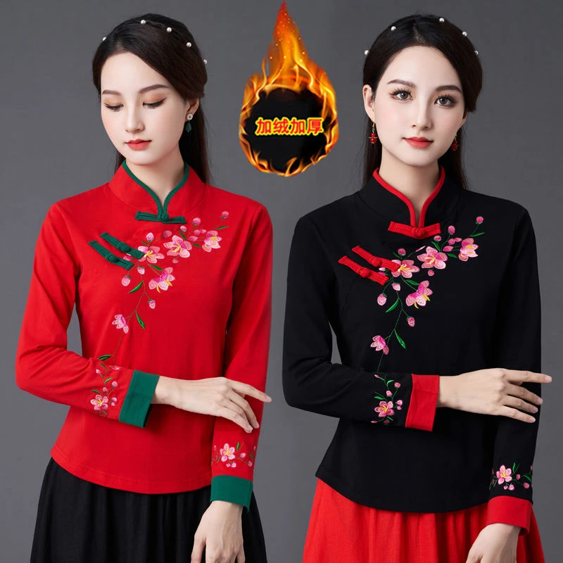 新款民族风女装加绒加厚上衣中国风刺绣立领盘扣长袖t恤女