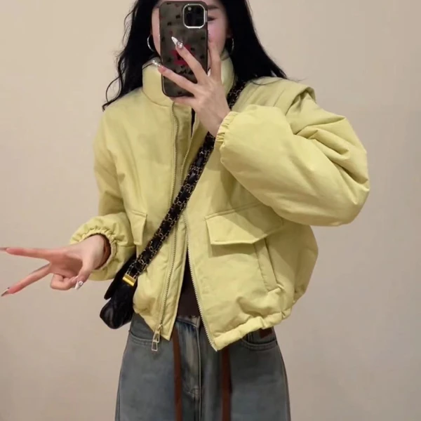 2024秋冬新款韩系立领加厚糖果色棉衣女短款时尚口袋抽绳棉服外套