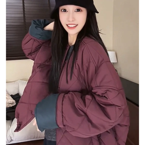 2024秋冬新款欧货单排扣撞色短款棉衣女宽松显瘦慵懒风夹棉上衣女