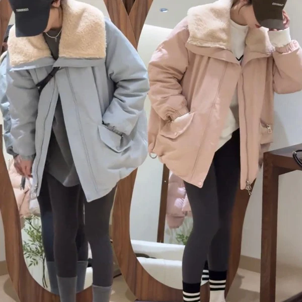 设计感大翻领羊羔毛拼接棉服女冬季宽松气质加厚保暖棉衣棉袄外套
