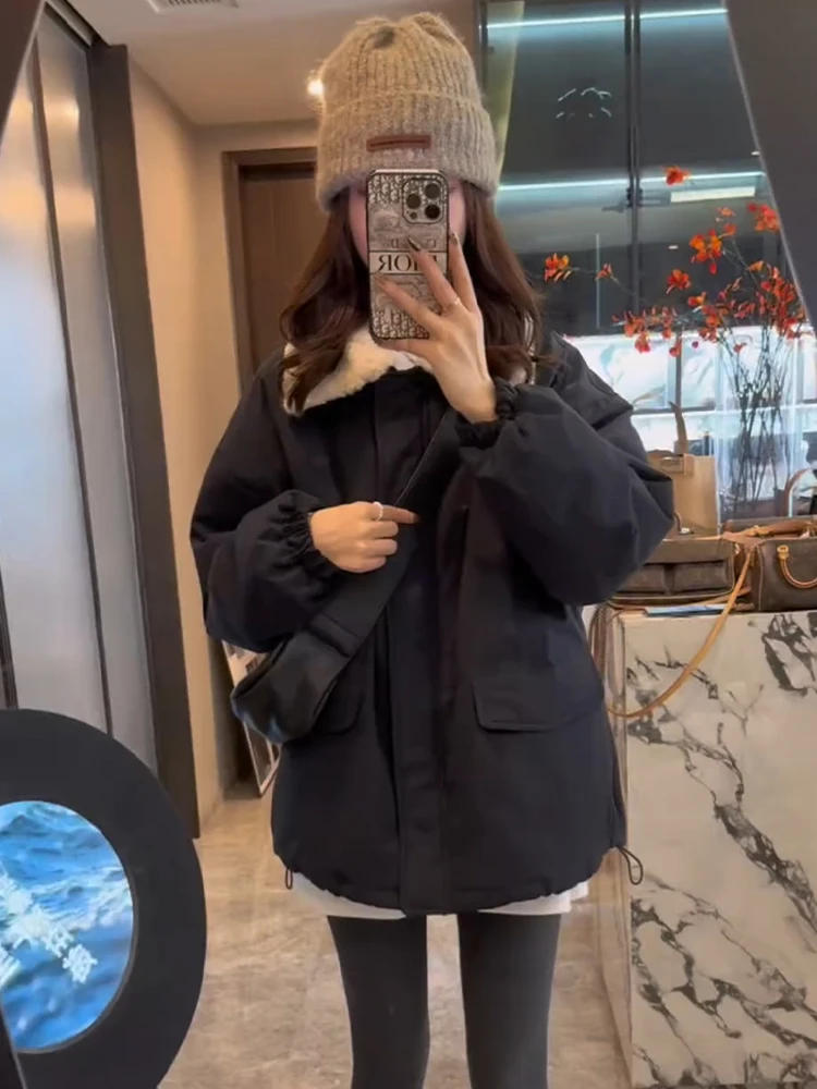 羊羔毛翻领外套女2024冬季新款韩版加厚时尚百搭工装派克服上衣潮