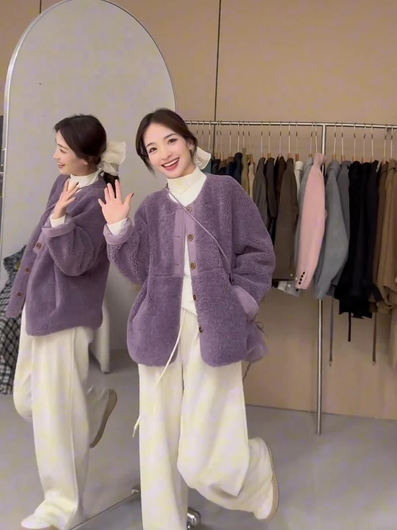 欧货新款紫色羊羔毛皮毛一体外套女2024冬设计感宽松显瘦保暖上衣