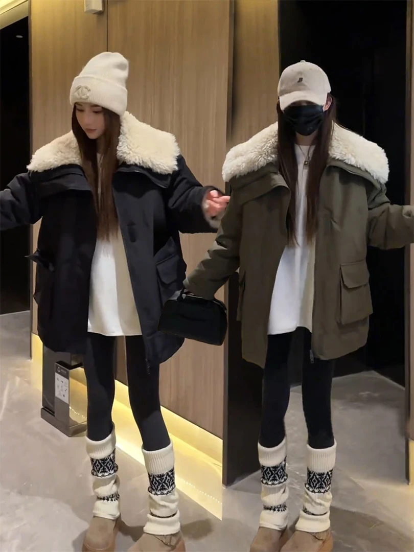 2024冬季新款韩版羊羔毛拼接大翻领外套女时尚休闲加厚加绒棉衣潮