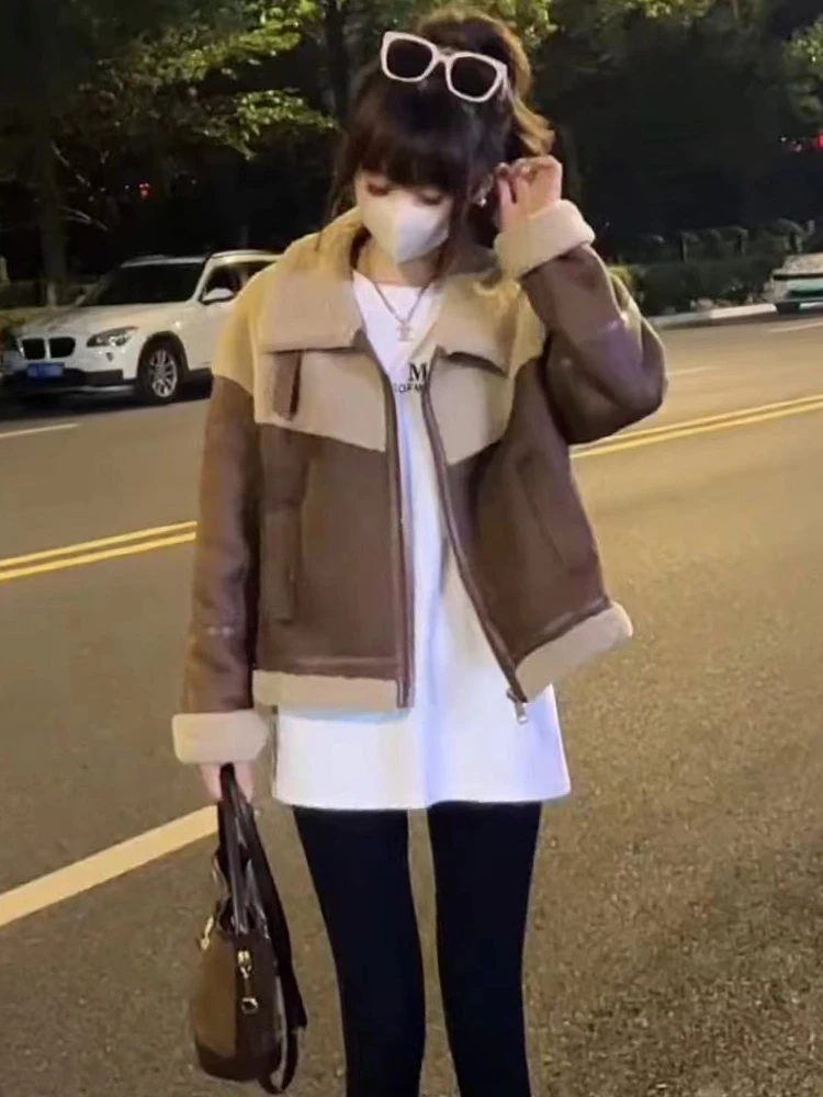 翻领拼接撞色羊羔毛皮毛一体外套女秋冬季新款小个子休闲百搭上衣