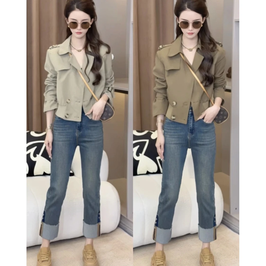 2025秋季小个子欧货时尚洋气双排扣风衣宽松休闲通勤夹克短外套女