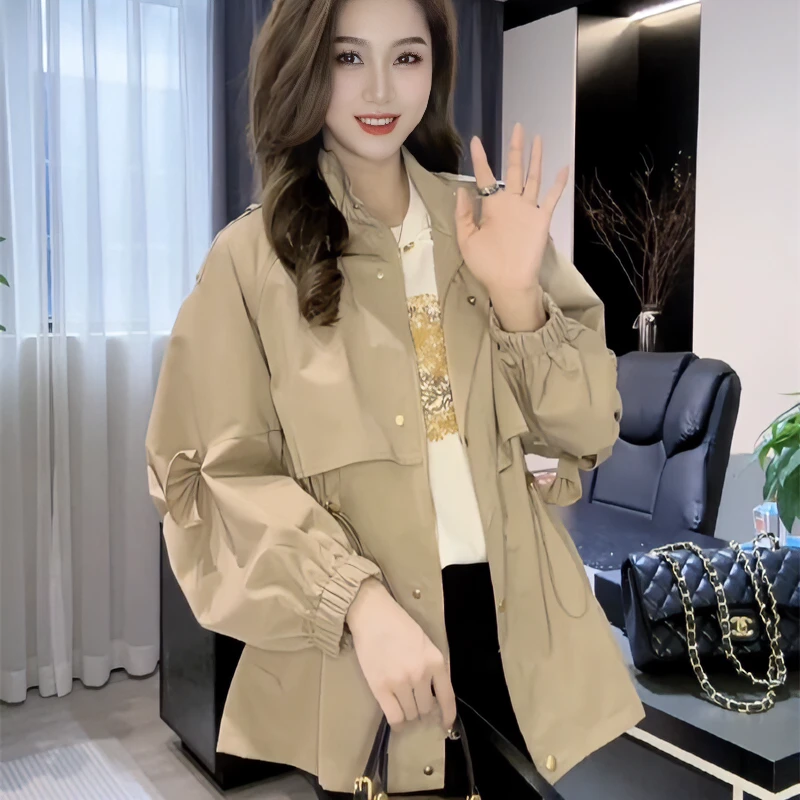 2025春装新款韩版通勤休闲百搭宽松立领小个子抽绳设计百搭外套女