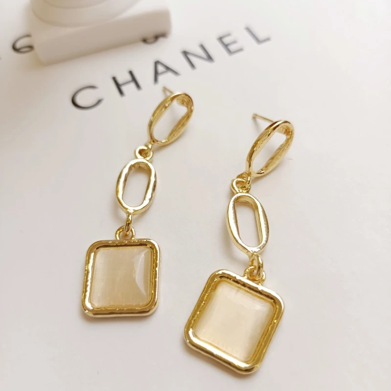 合金合成锆石耳饰 港风猫眼石方形长款耳环气质轻奢时尚百搭法式