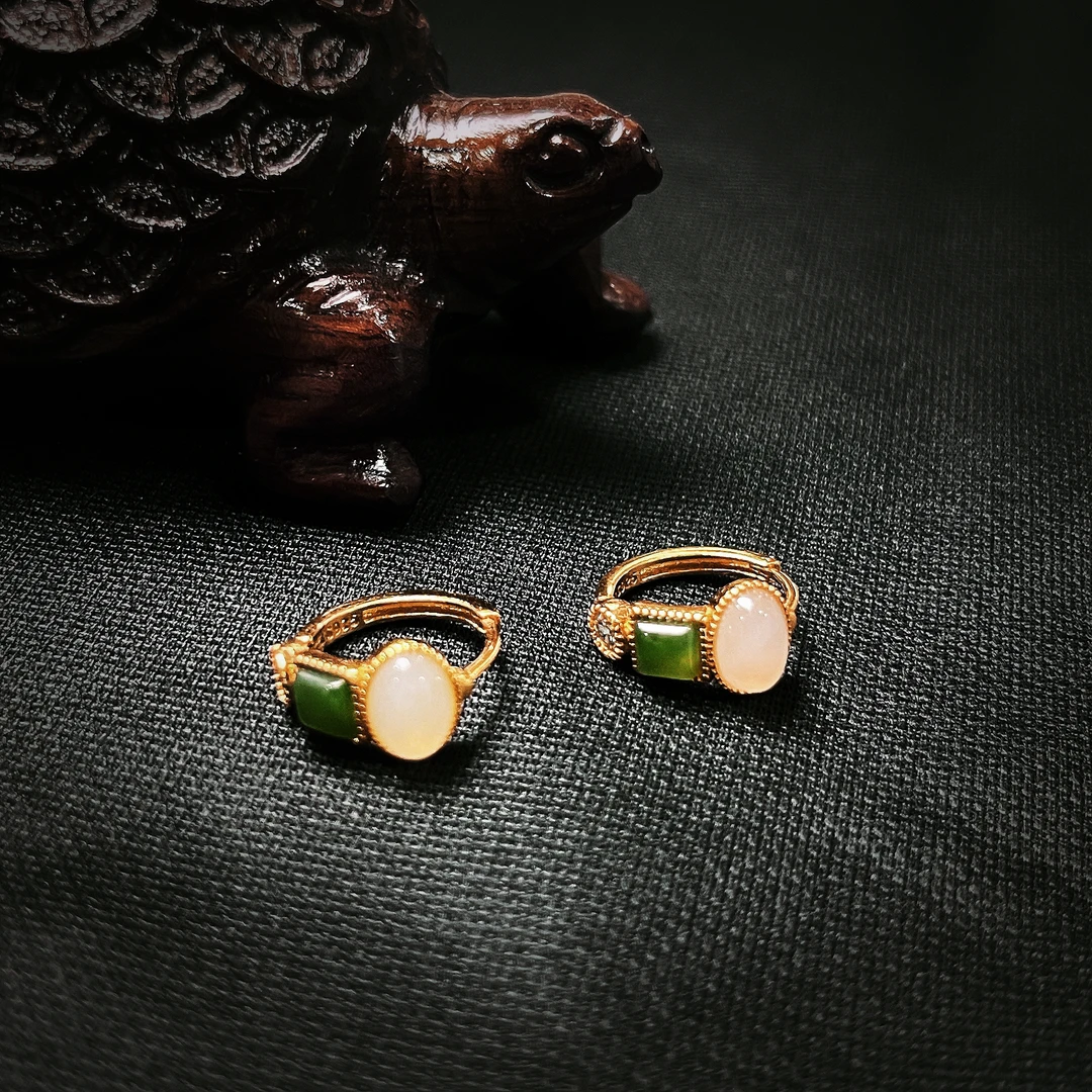 【仲夏】S925银镀金镶天然和田玉藕粉&碧玉耳扣耳环耳饰古风小众