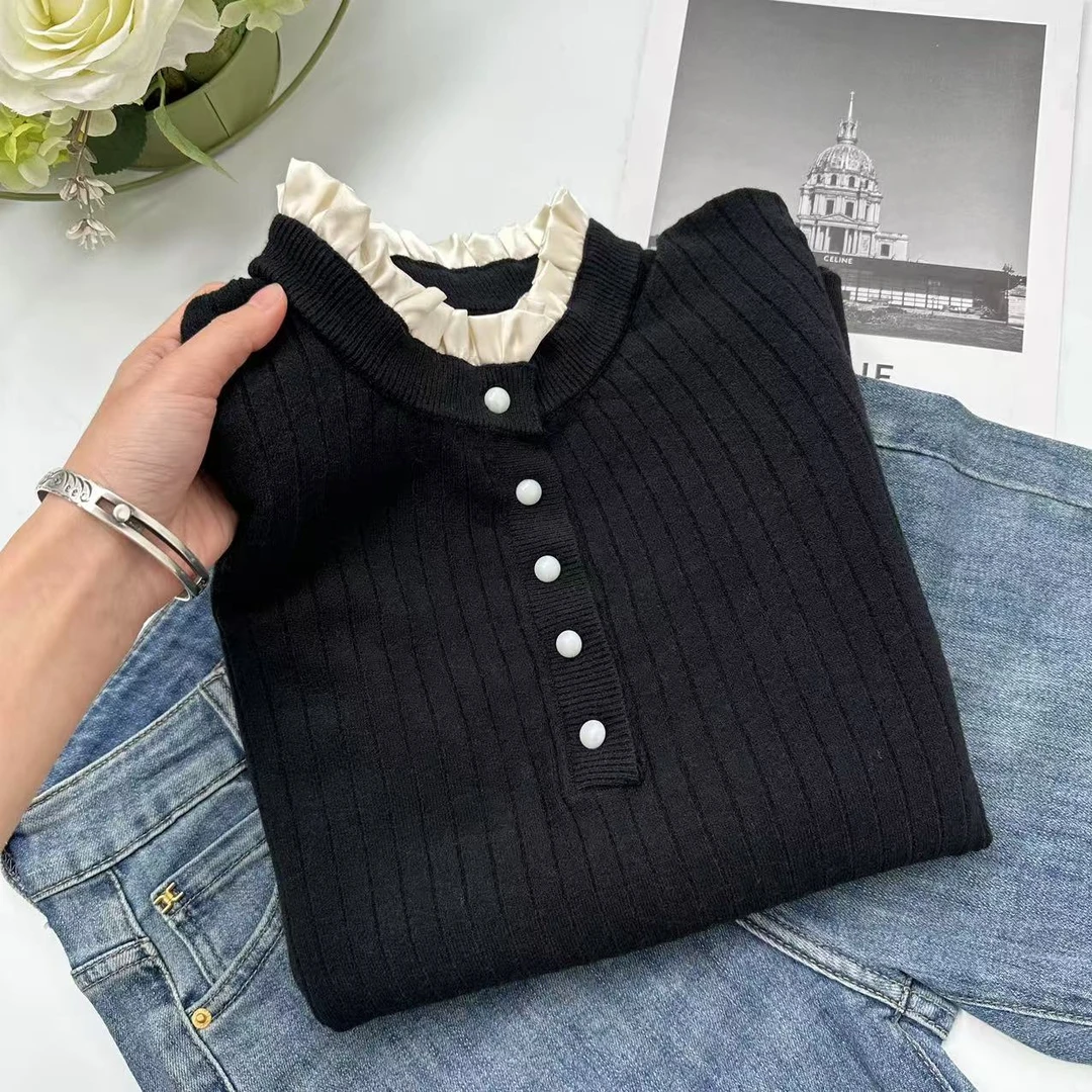 飞飞家 冬款花边圆领重工钉珠假两件针织衫Y5795黑