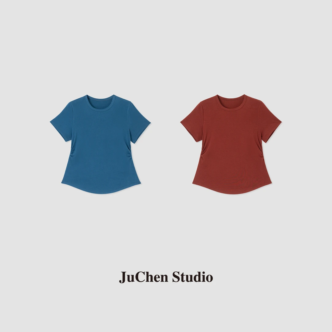 “芭蕾风小TEE”对称抽褶云柔棉感正肩修身打底圆领短袖T恤SS052478