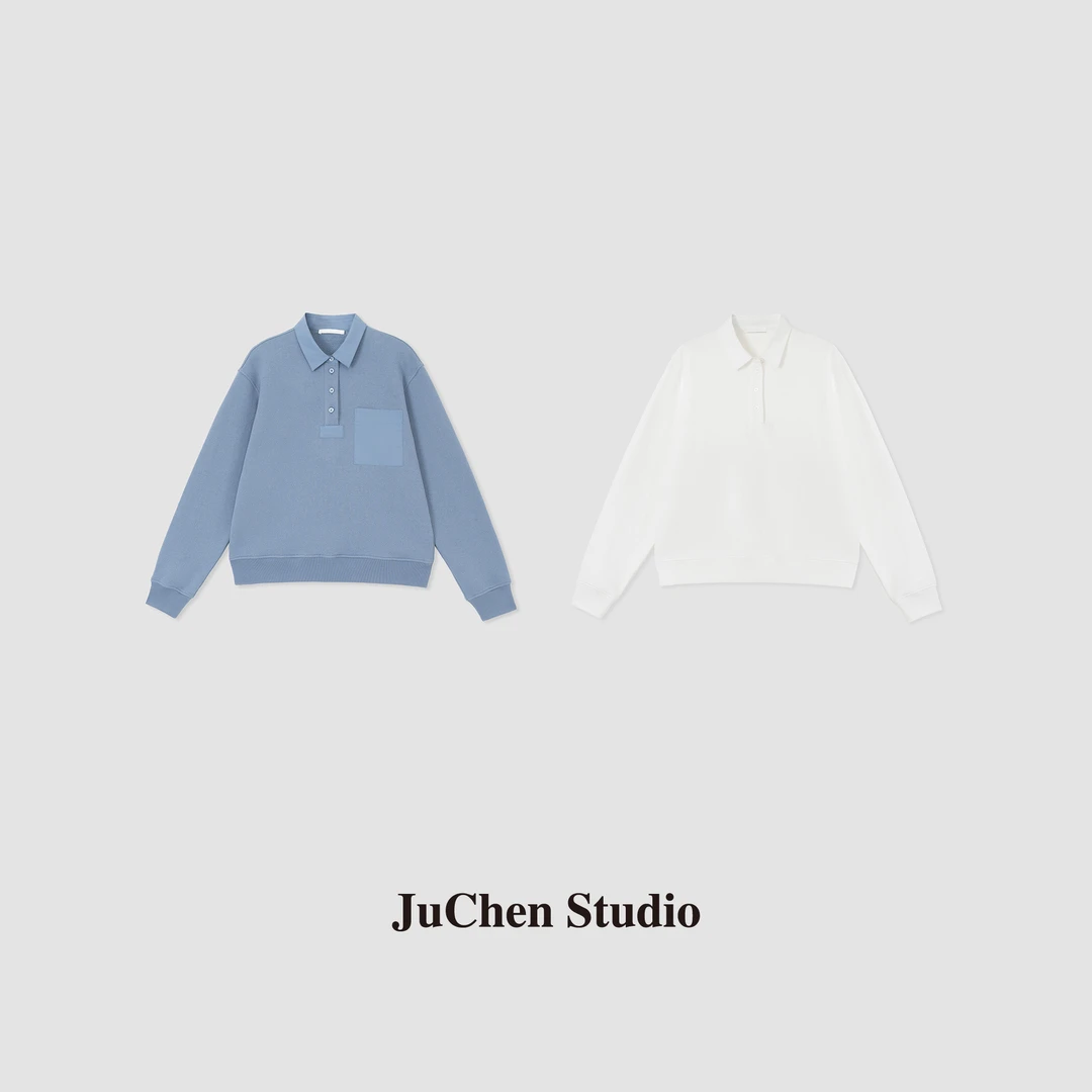 “淡盐奶霜”肌理小毛圈棉元气微阔单口袋套头Polo长袖上衣SS052471