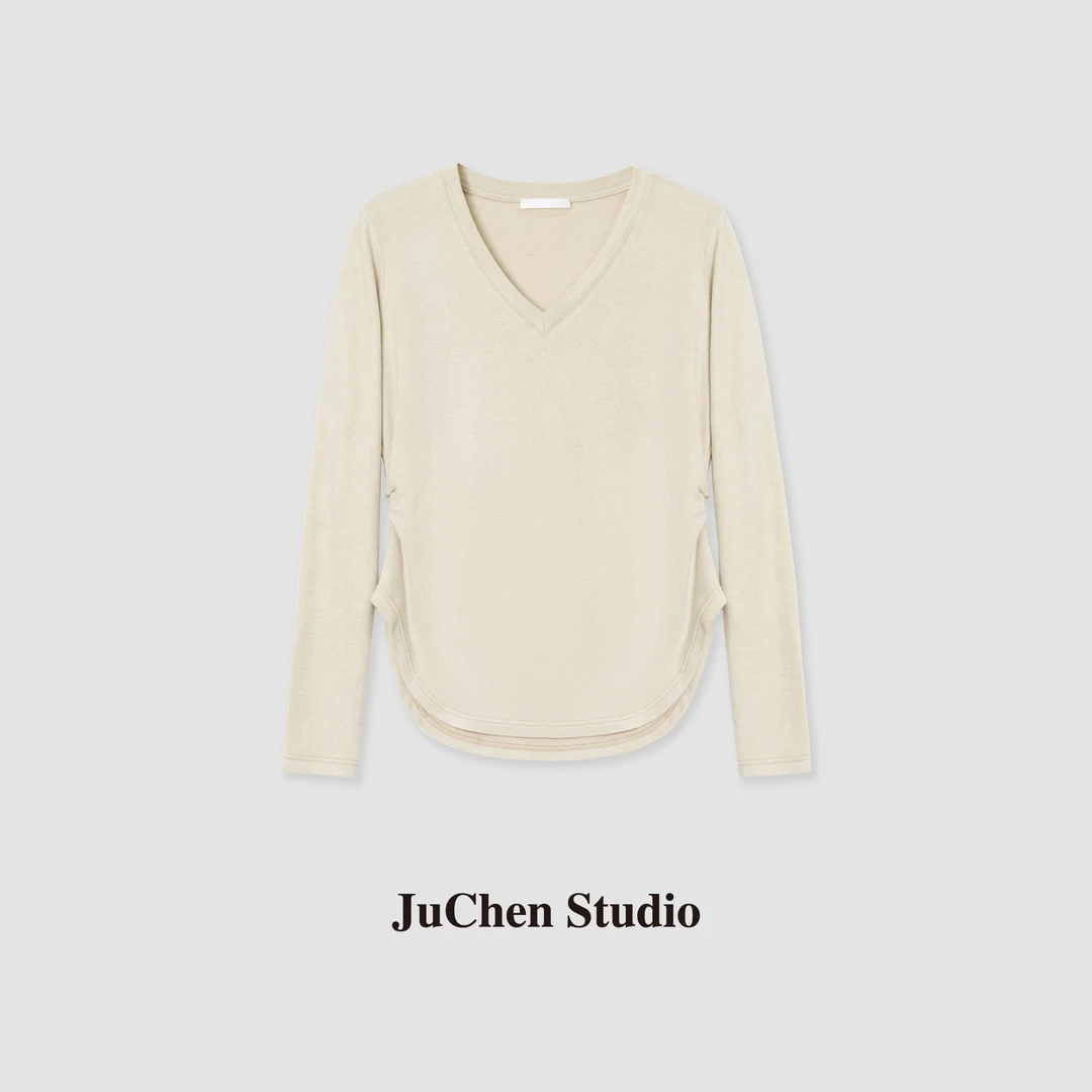 "小蛮腰"软绒触感 腰褶线条 修身显瘦纯色V领长袖T恤 FW101619